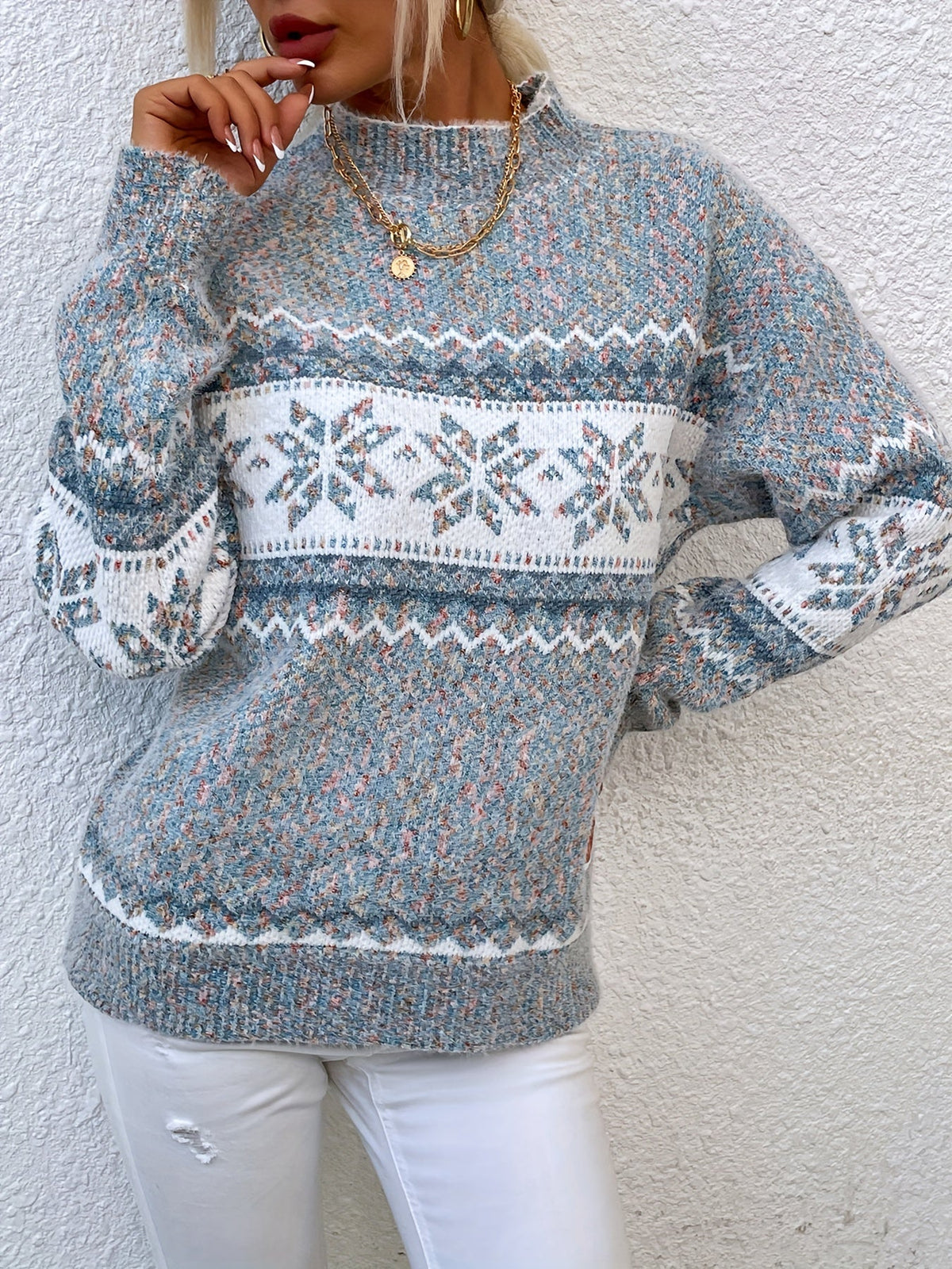 Mock Neck Sweater with Snowflake Knit Pattern and Relaxed Fit