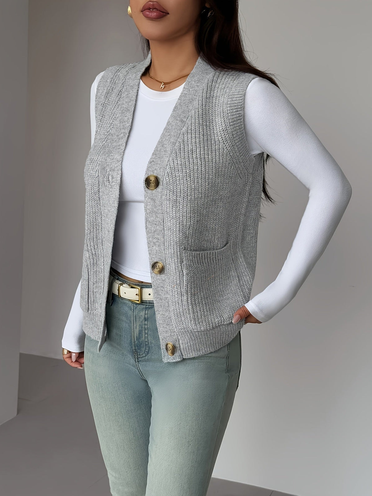 Buttoned V-Neck Knit Vest with Front Pockets and Relaxed Fit