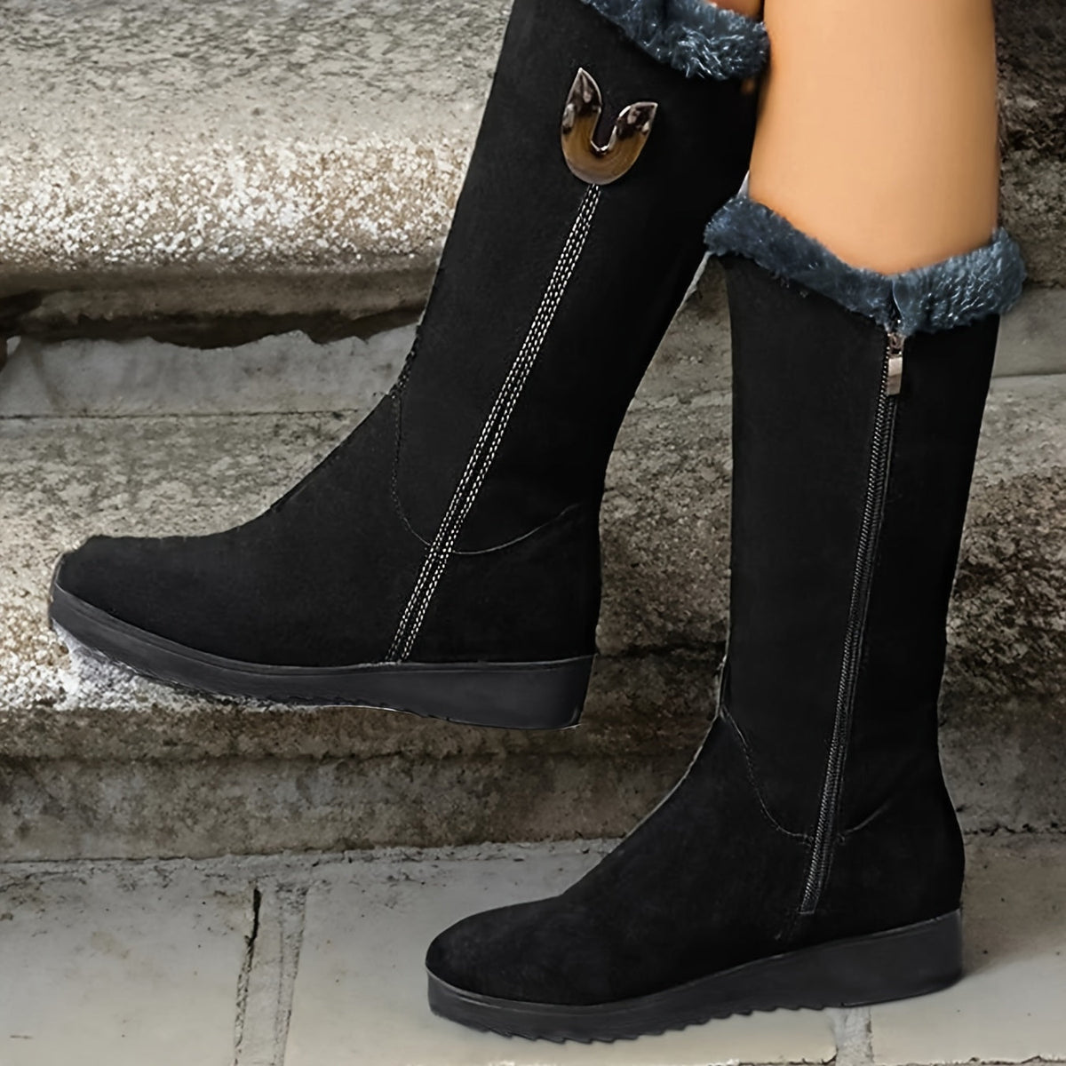 Mid Calf Winter Boots with Anti Slip Sole and Plush Lining, Slip On