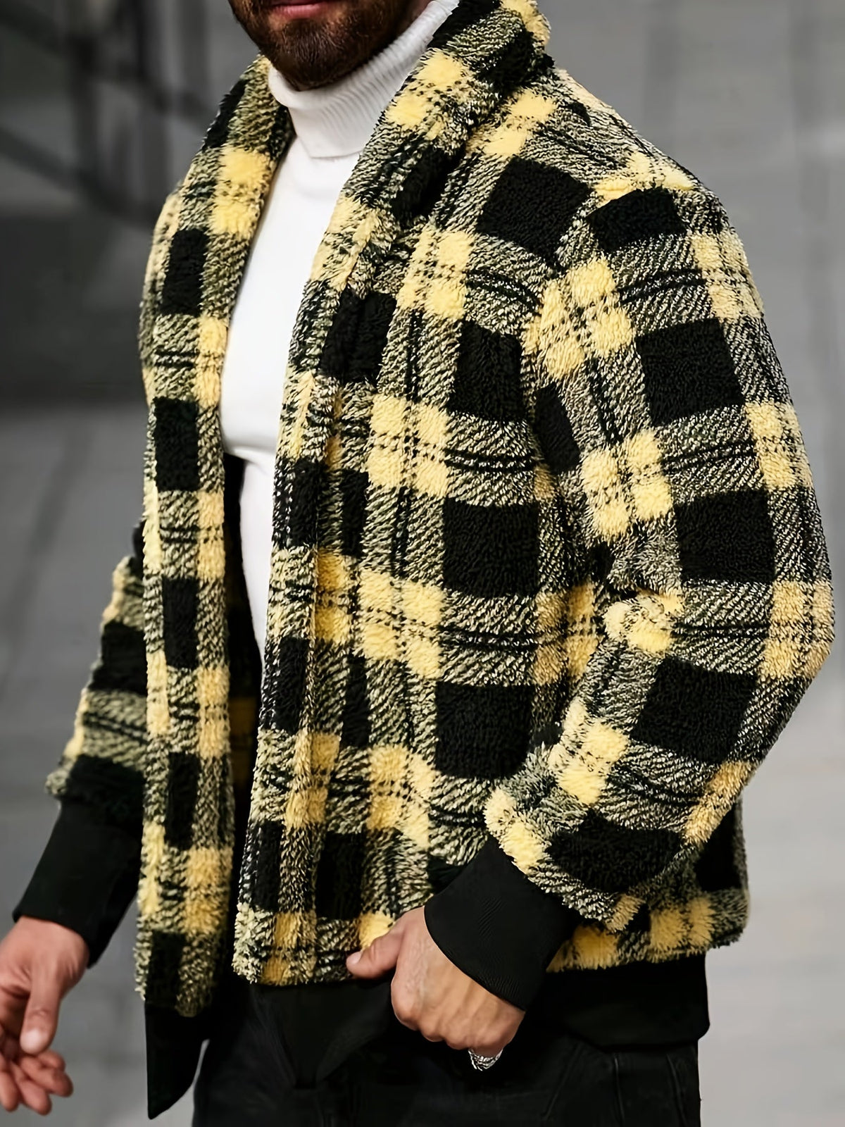 Checked Button Front Jacket with Relaxed Fit and Soft Fabric