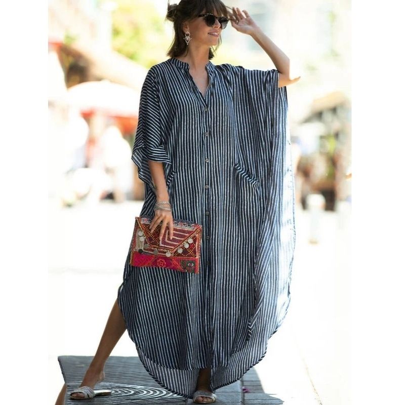 Moomoo Dresses for Women, Plus Size Ethnic Print Kaftan Dress, Mrs Roper Bubu Mumu Boho V Neck 3 Quarter Sleeve Tunic