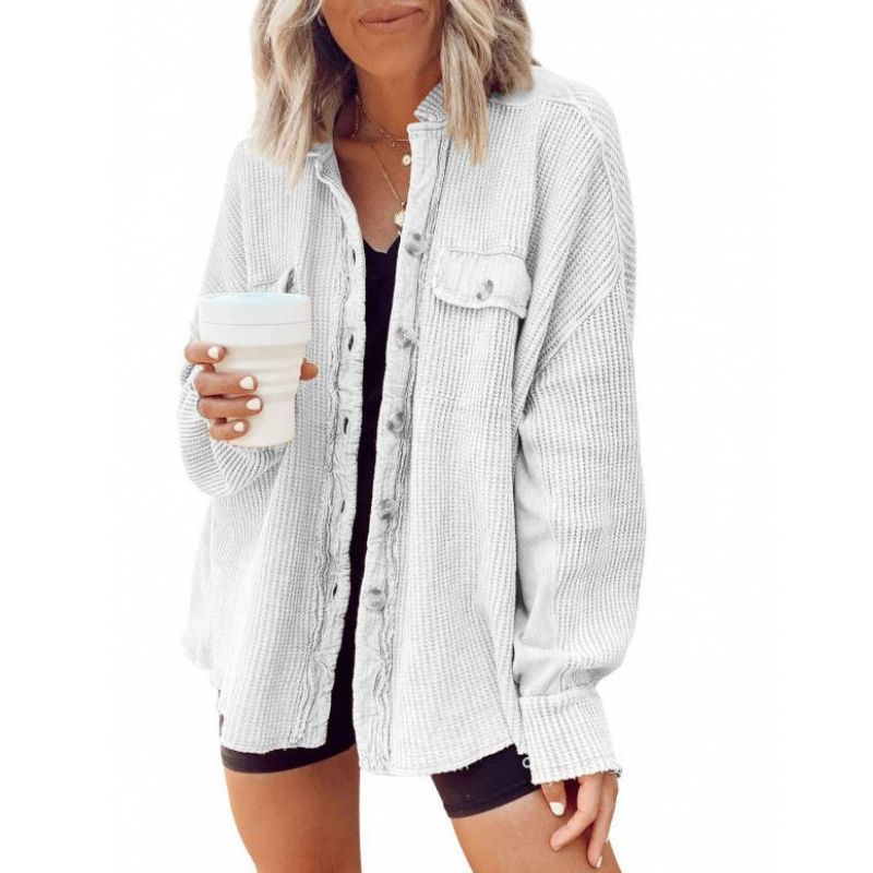 Oversized Waffle Knit Shirt Women Fall Shacket, Corduroy Long Sleeve Button Down Shirt Jacket
