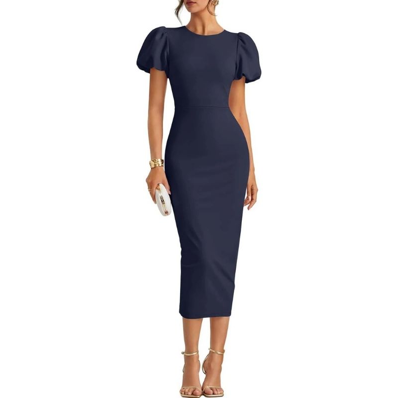 Womens Bodycon Midi Dress, Short Sleeve Wedding Guest Cocktail and Formal Dress