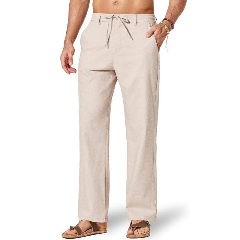 Mens Cotton Linen Pants, Relaxed Fit Drawstring Beach Summer Dress Trousers