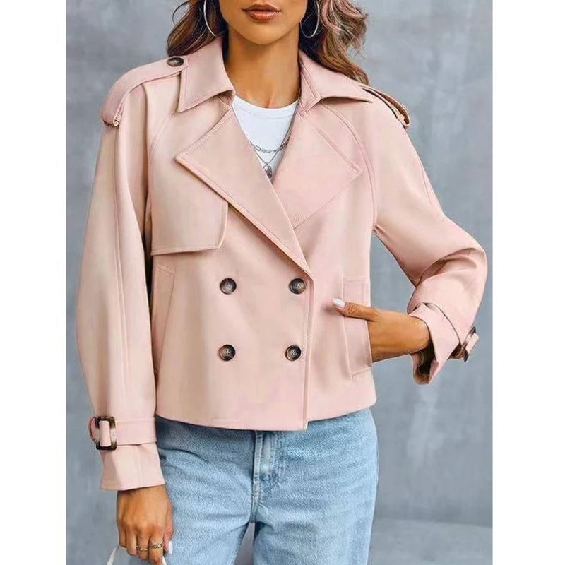 Womens Cropped Trench Coat, Double Breasted Short Jacket