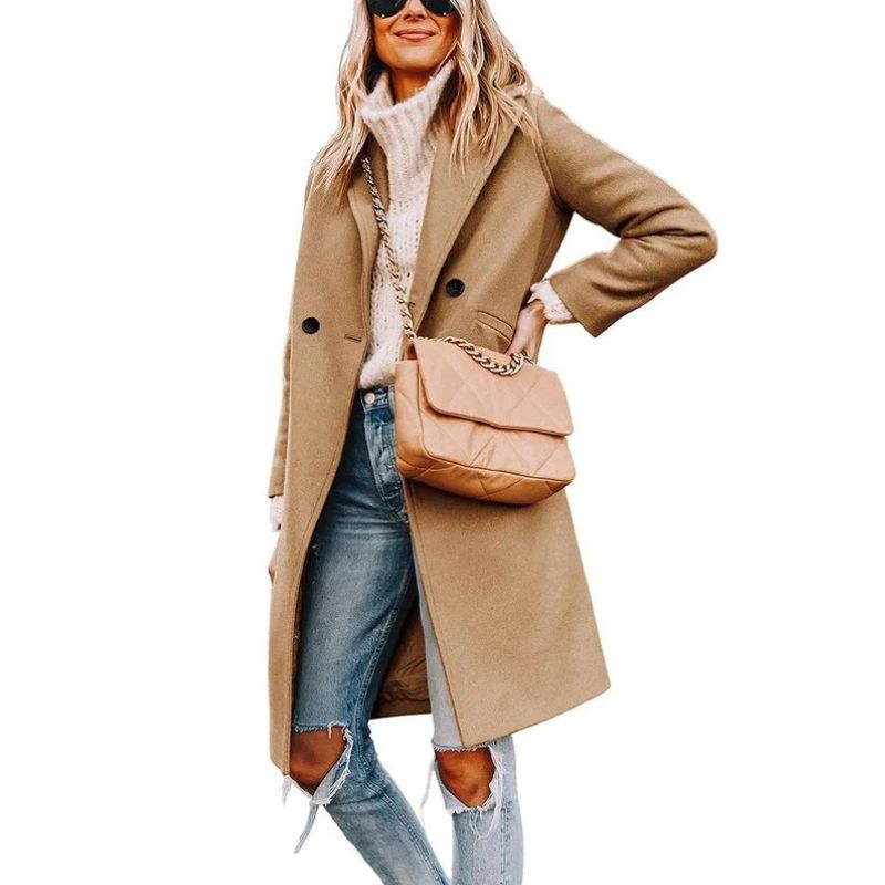 Womens Wool Peacoat, Double Breasted Coat with Notch Lapel