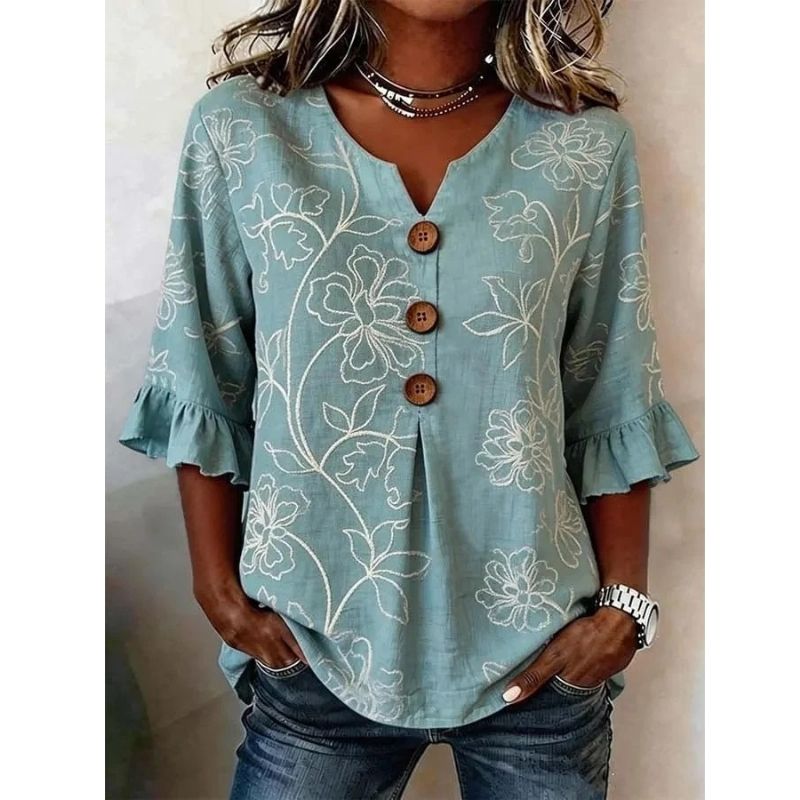 Womens Floral Print Linen Blouse, Vintage V Neck Sleeve Shirt, Casual Ruffle Cuff Button Down Tops