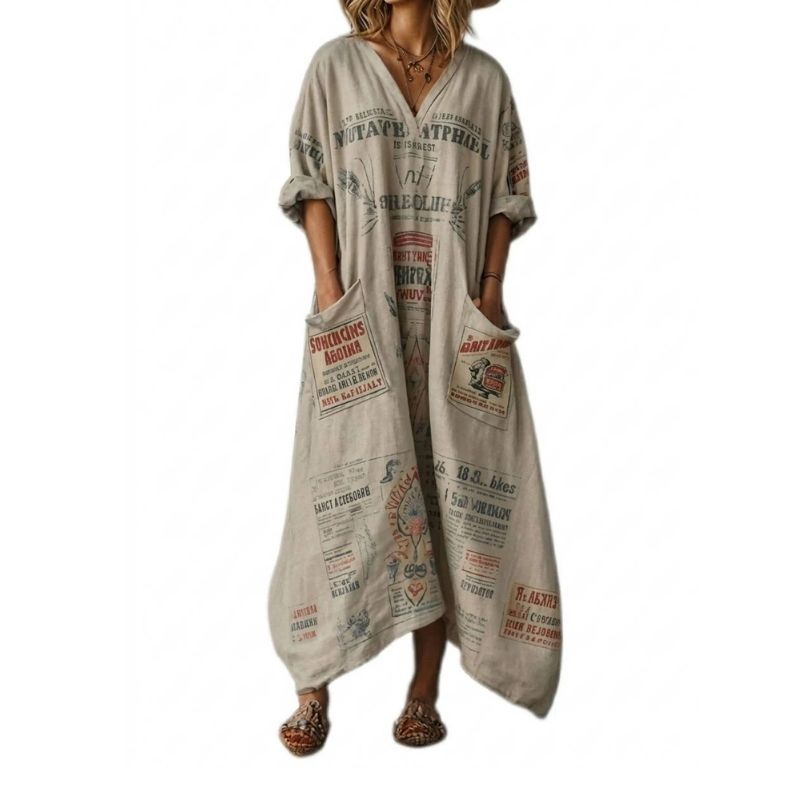 Womens Cotton Maxi Dress, Boho Print Front Pocket Casual Summer Dress