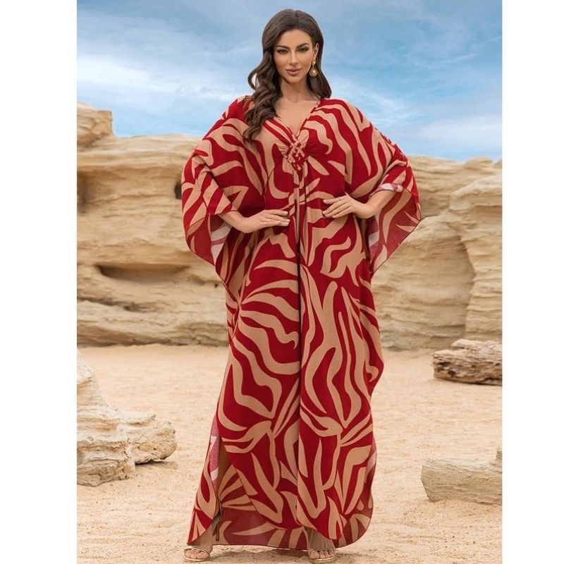 Moomoo Dresses for Women, Plus Size V Neck Batwing Sleeve Floral Kaftan Beach Cover Up Dress