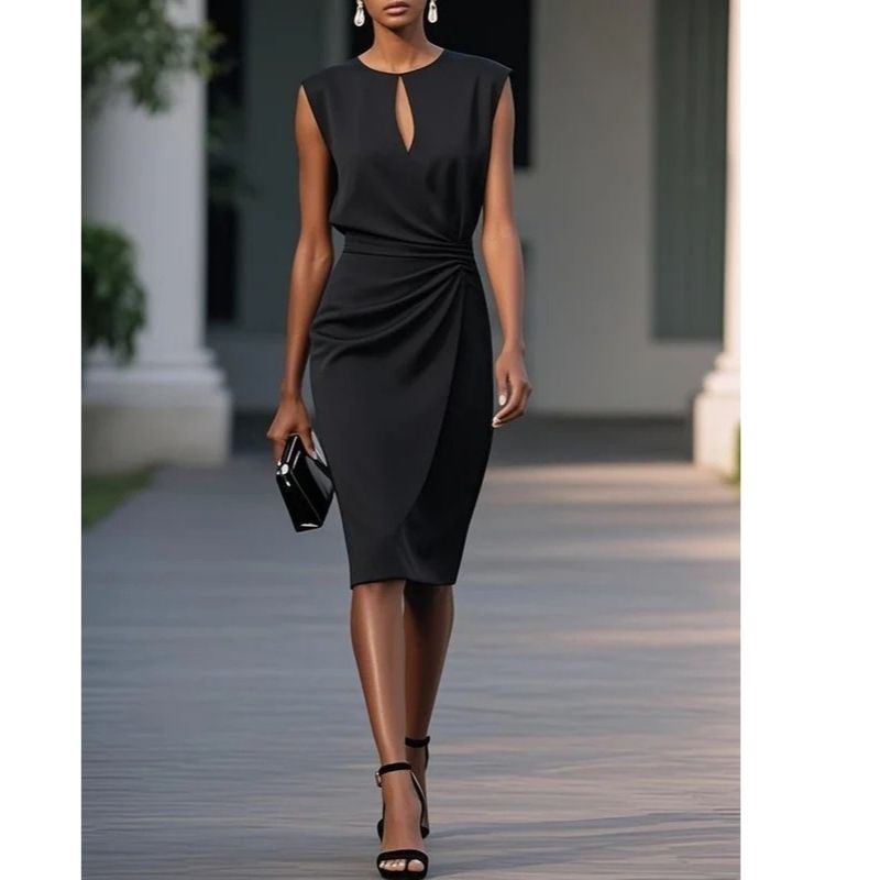 Womens Sleeveless Bodycon Work Dress, Keyhole Front Ruched Wrap Midi Dress, Elegant Fall Cocktail Party Outfit