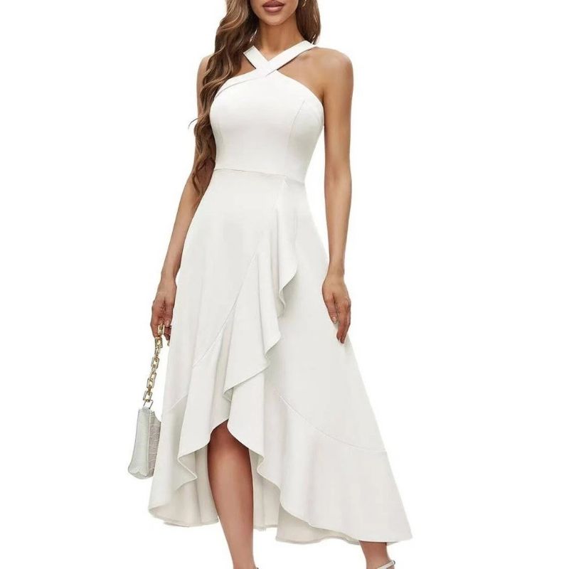 Womens Halter Formal Dress, Ruffled Hi Lo Maxi Wedding Guest and Bridesmaid Dress