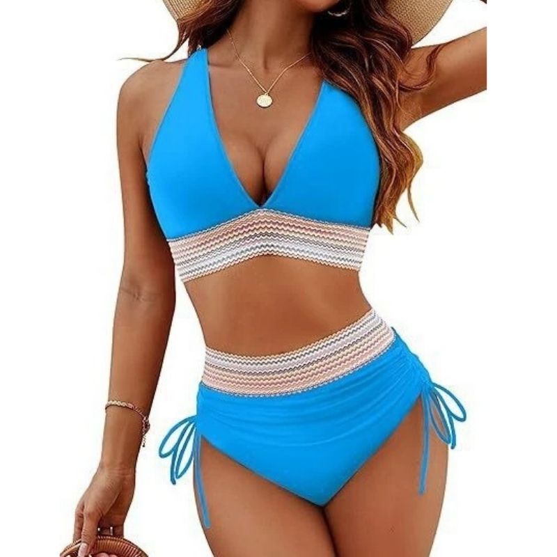 Womens High Waisted Bikini, Chevron Textured Trim Two Pieces Swimsuit, Ruched Drawstring Bathing Suit