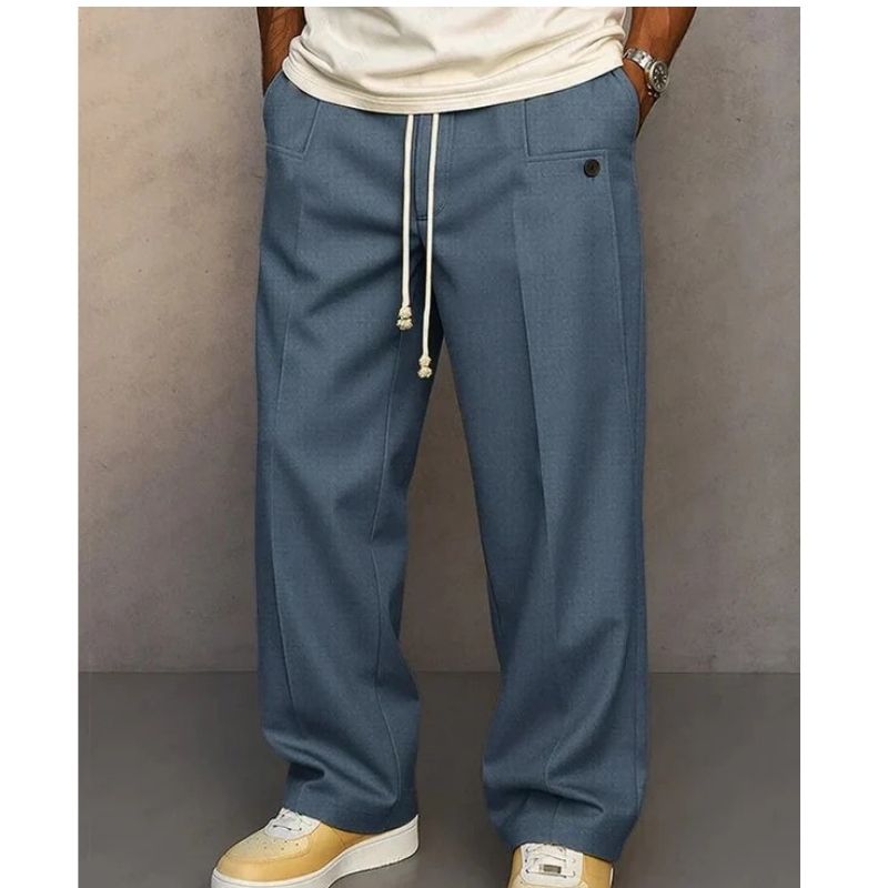 Mens Elegant Wide Leg Pants, Vintage Casual Straight Trousers, Loose Fit Drawstring Pleated Trousers with Pockets