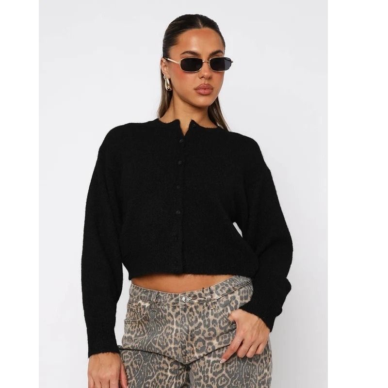 Womens Cropped Cardigan Sweaters, Crew Neck Long Sleeve Button Up Lightweight Knit