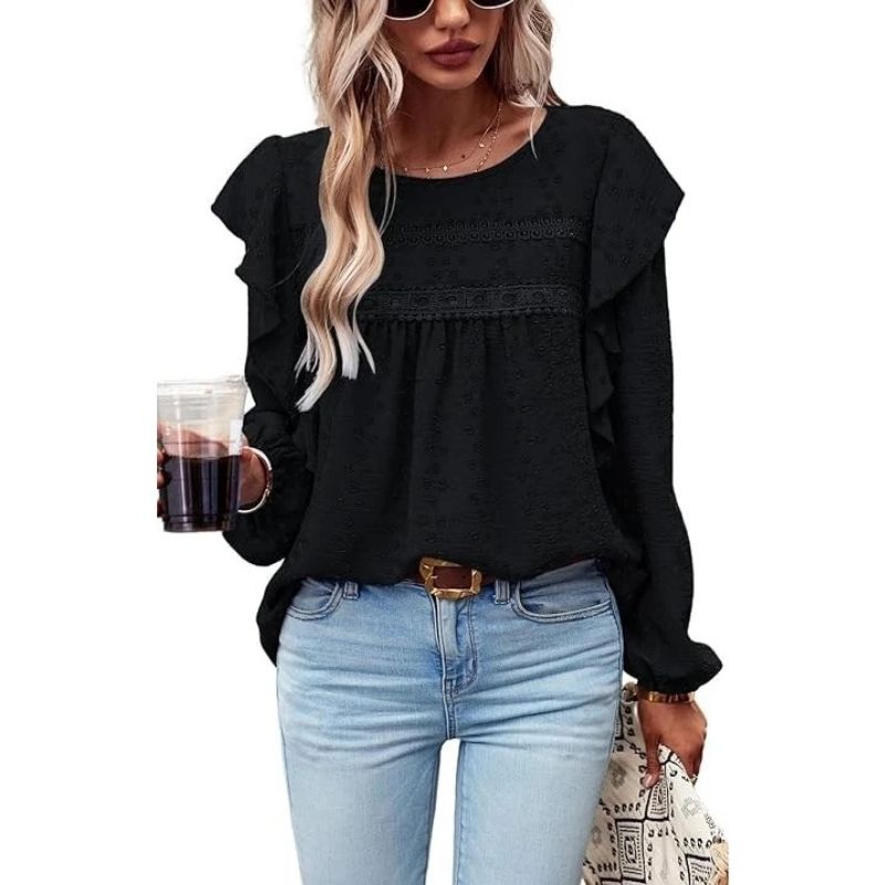 Womens Long Sleeve Shirts, Ruffle Swiss Dot Crochet Loose Fit Tunic, Dressy Casual Tops Blouse, Spring Fashion