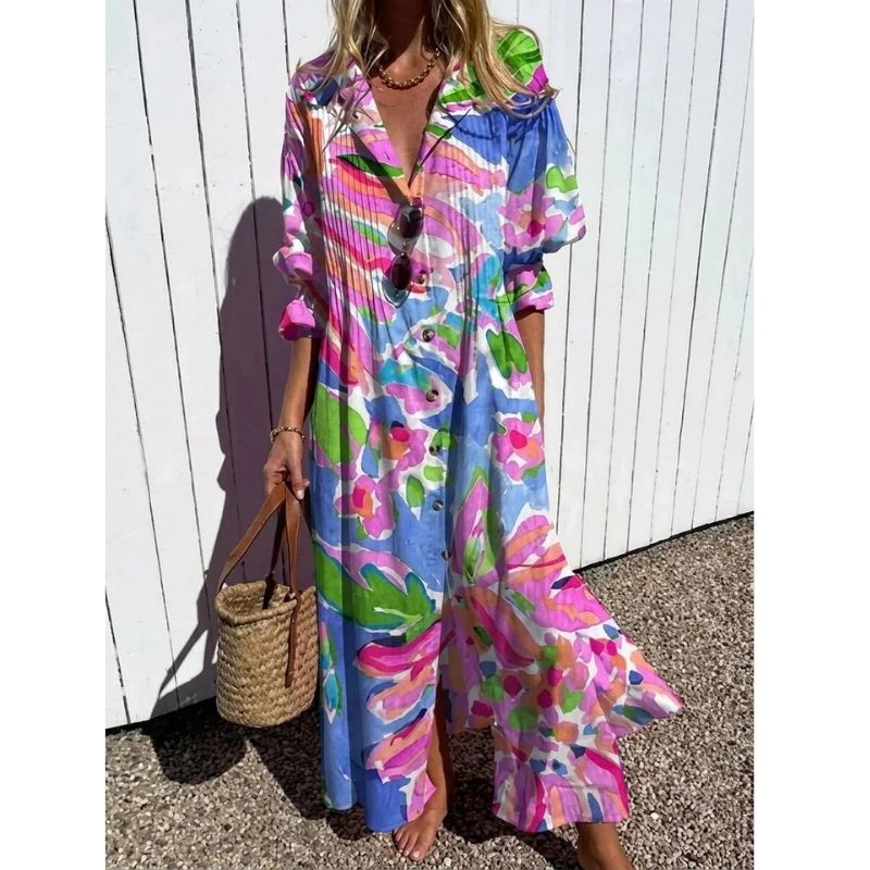 Womens Cotton Maxi Dress, Floral Casual Summer Beach Vacation Dress