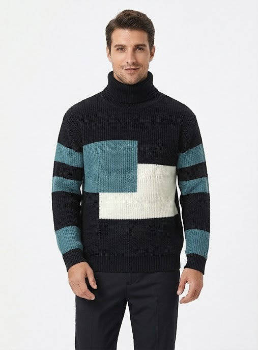 Ribbed Block Turtleneck Knit Sweater