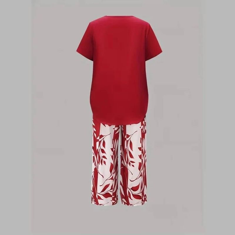 Womens Leaf Print Two Piece Set, Casual Short Sleeve Asymmetric Top and Wide Leg Pants Outfits, Elegant Summer Matching Suit