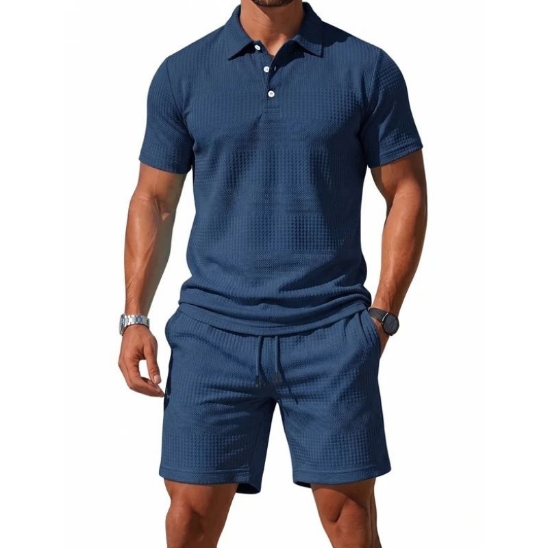 Mens Knitted Polo and Shorts Set, Vintage Casual Two Piece Outfits, Short Sleeve Textured Tracksuit