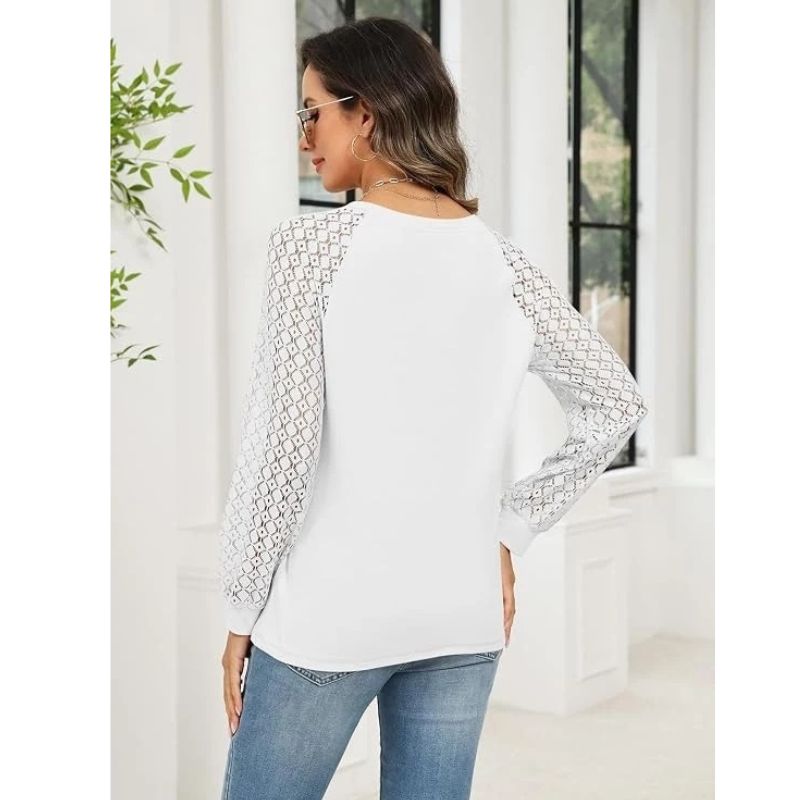 Womens Lace Long Sleeve Henley Top - Casual Fall Blouse