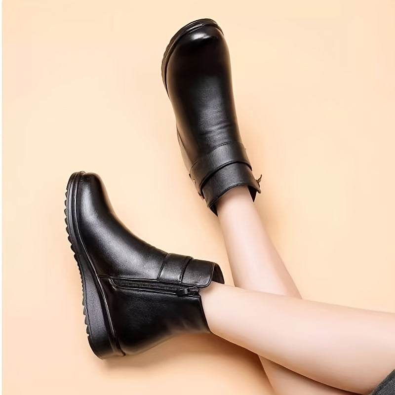 Lined Ankle Boots with Side Closure and Buckle Accent