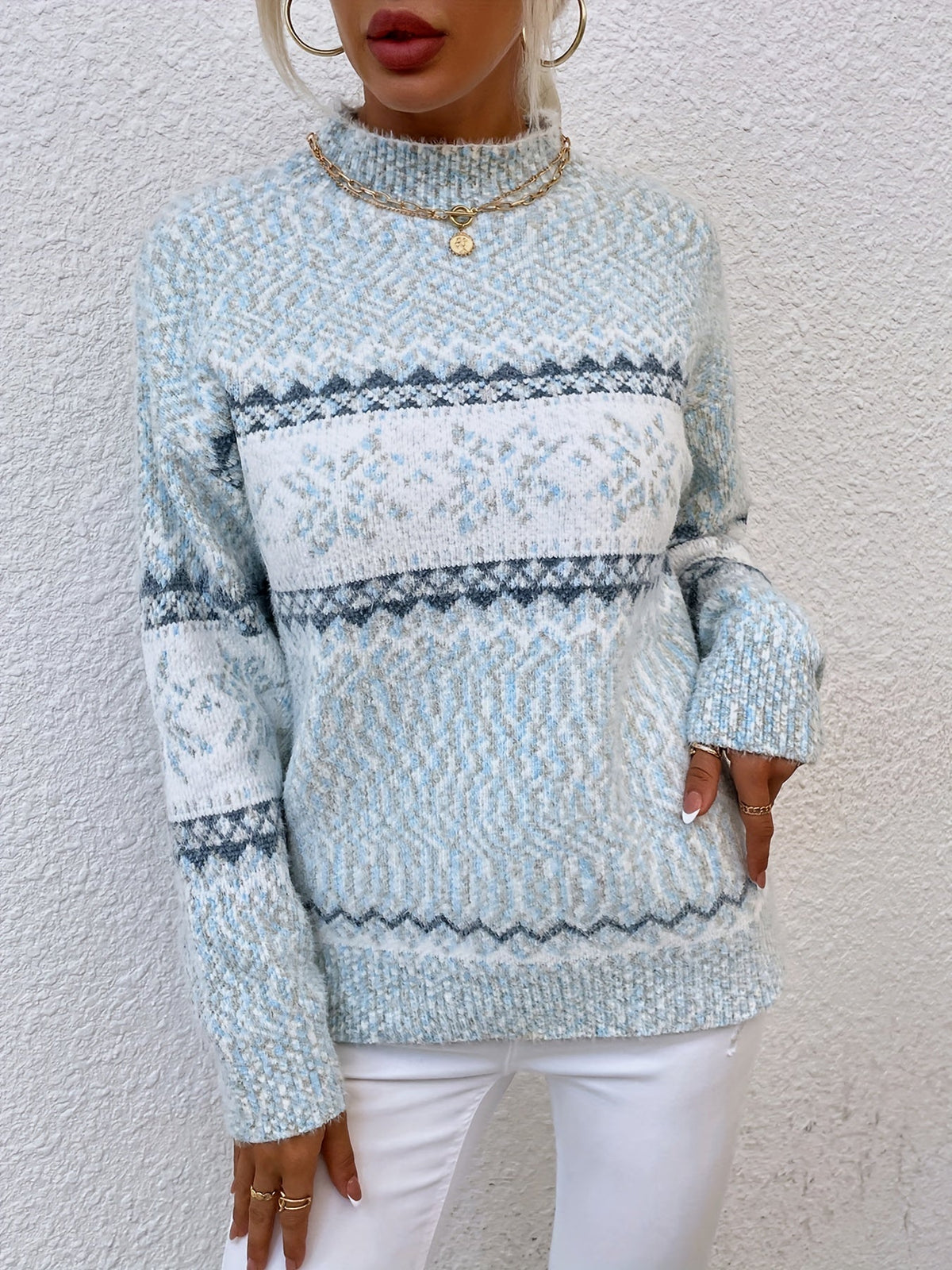 Mock Neck Sweater with Snowflake Knit Pattern and Relaxed Fit
