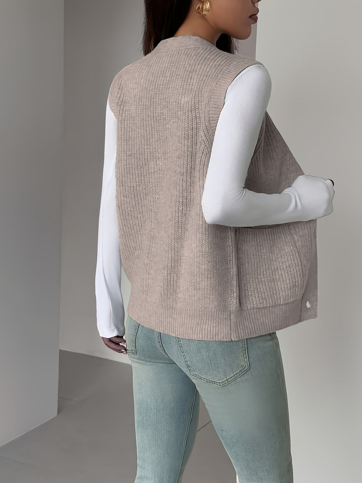 Buttoned V-Neck Knit Vest with Front Pockets and Relaxed Fit