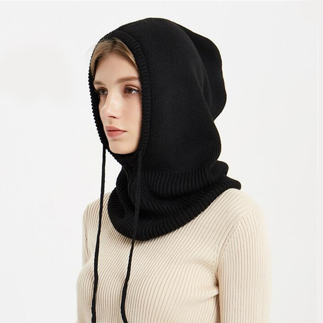 Hooded Knit Beanie with Adjustable Drawstring and Ear Coverage