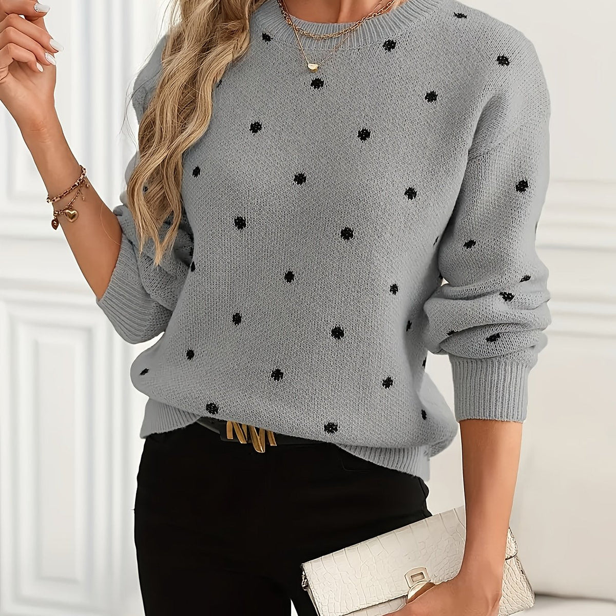 Polka Dot Crew Neck Sweater with Relaxed Fit and Natural Stretch, Ribbed Cuffs