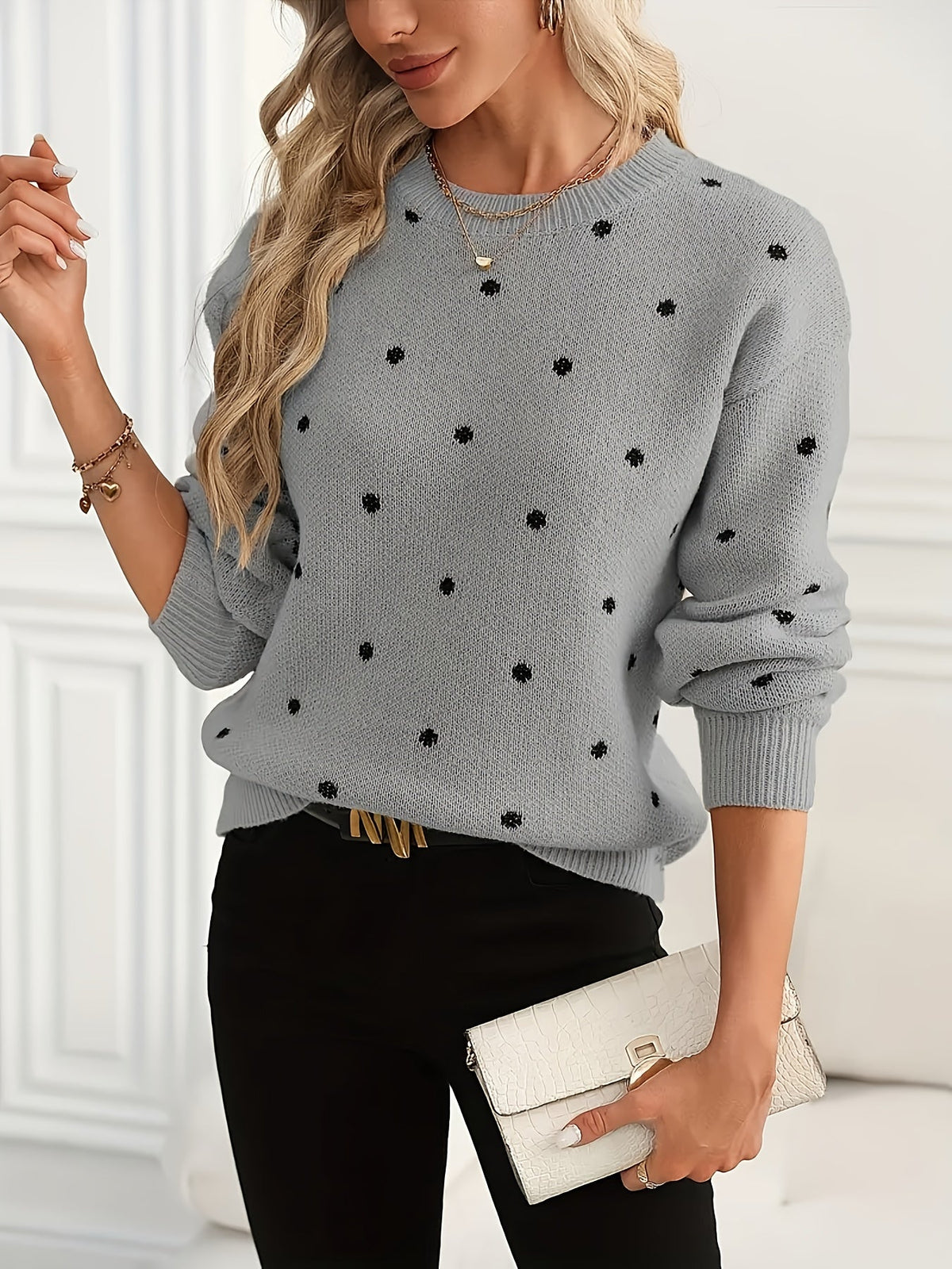 Polka Dot Crew Neck Sweater with Relaxed Fit and Natural Stretch, Ribbed Cuffs
