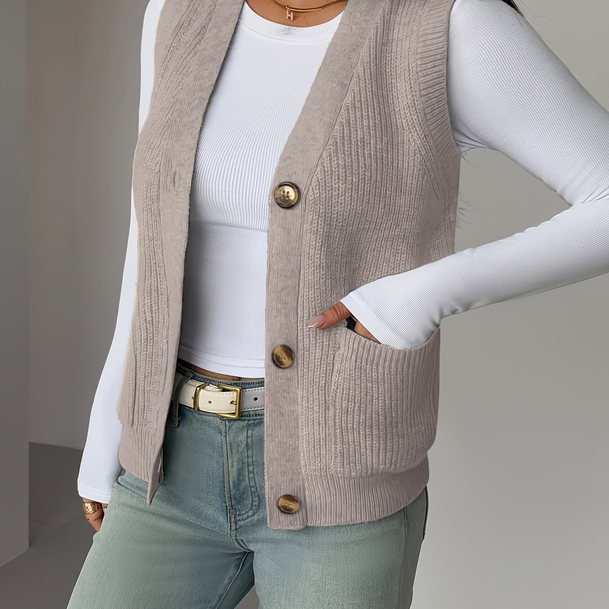 Buttoned V-Neck Knit Vest with Front Pockets and Relaxed Fit