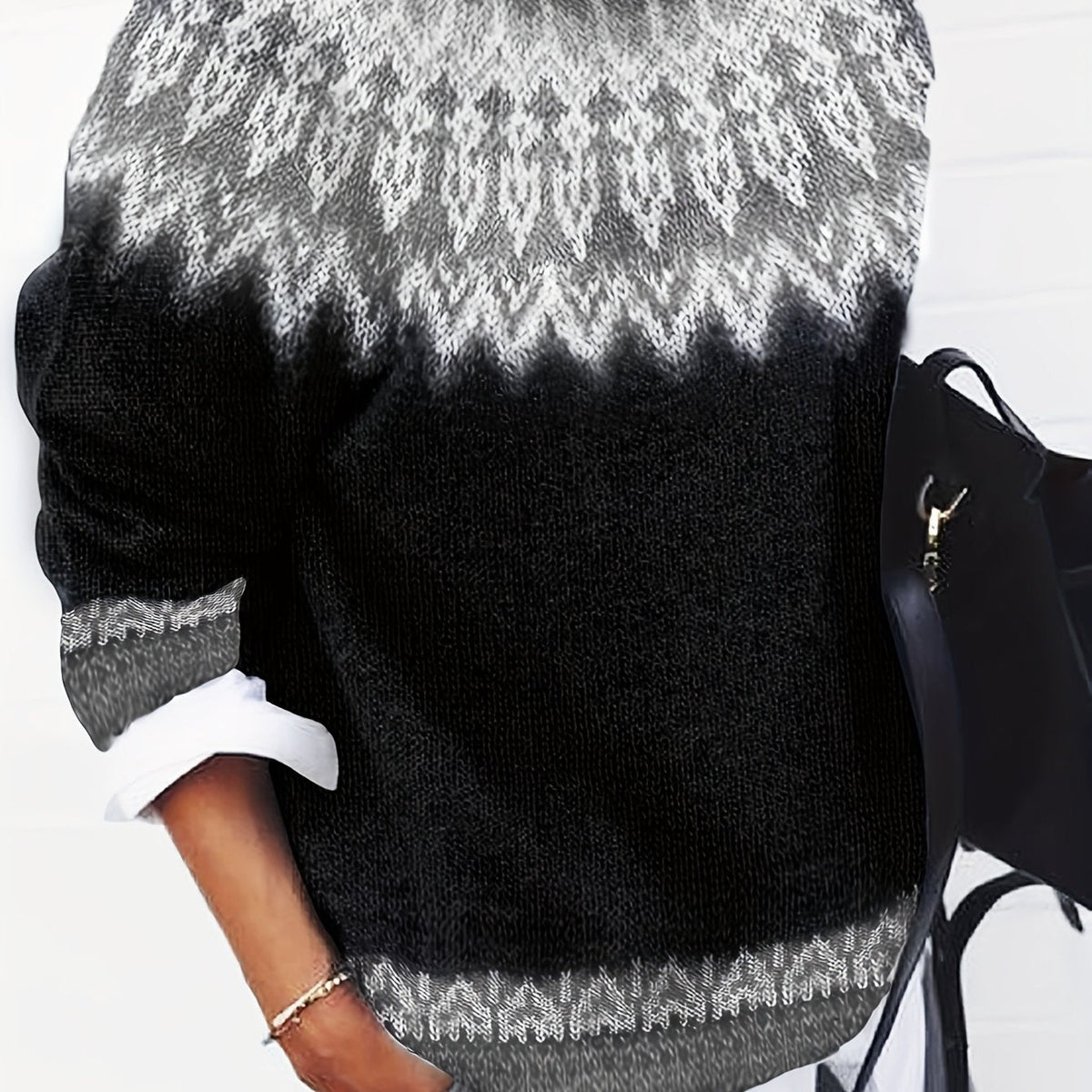 Chunky Jacquard Knit Sweater with Round Neck and Ribbed Cuffs, Hip Length