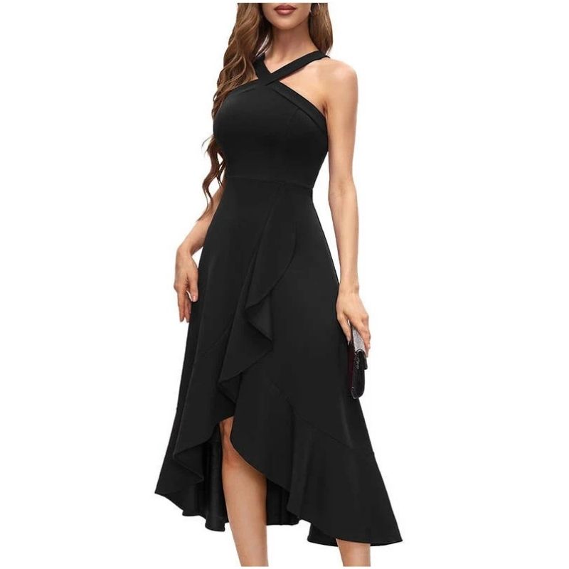 Womens Halter Formal Dress, Ruffled Hi Lo Maxi Wedding Guest and Bridesmaid Dress