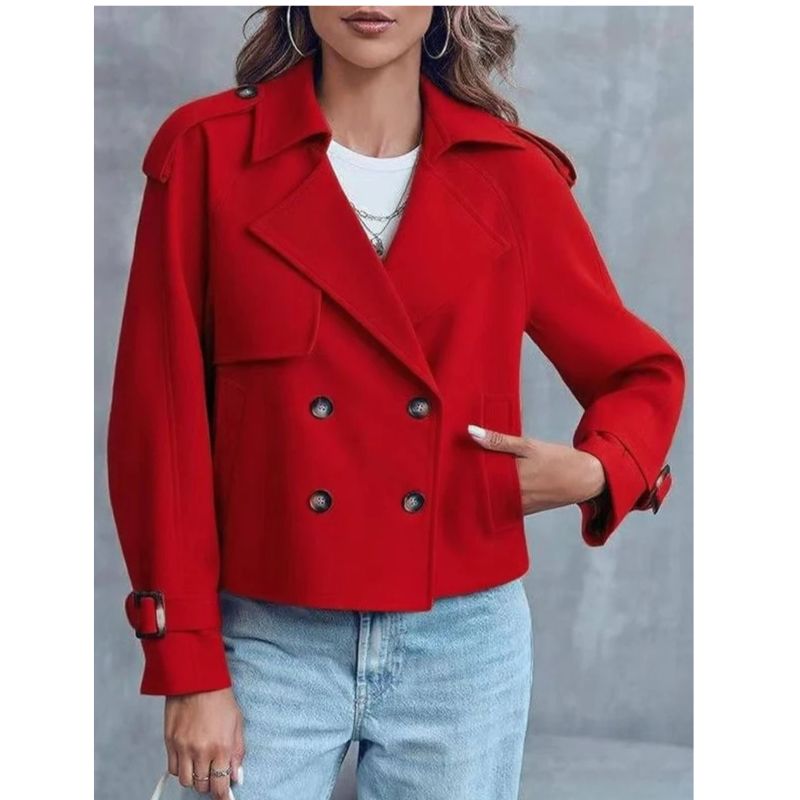 Womens Cropped Trench Coat, Double Breasted Short Jacket