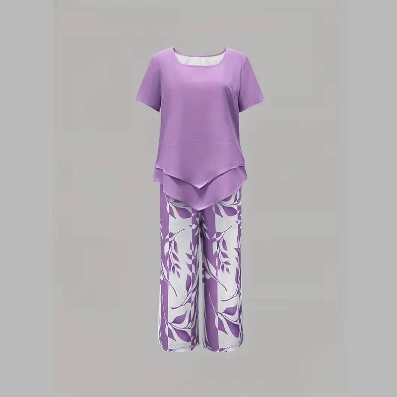 Womens Leaf Print Two Piece Set, Casual Short Sleeve Asymmetric Top and Wide Leg Pants Outfits, Elegant Summer Matching Suit