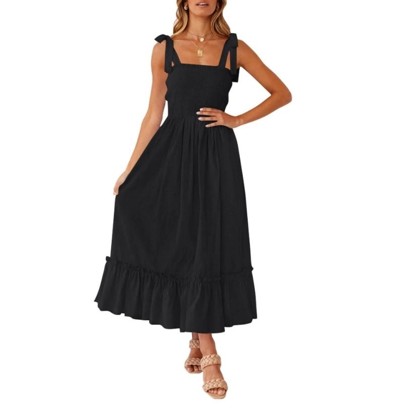 Womens Boho Maxi Dress, Square Neck Spaghetti Strap Ruffle a Line Beach Dress