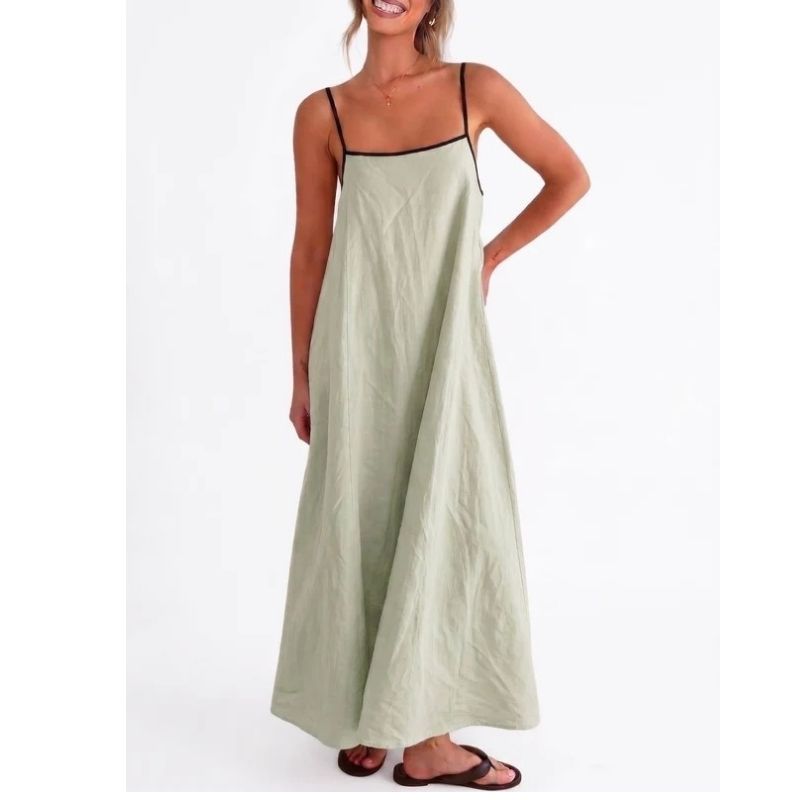 Womens Linen Maxi Dress, Contrast Spaghetti Strap Backless Summer Beach Dress