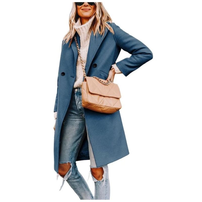 Womens Wool Peacoat, Double Breasted Coat with Notch Lapel