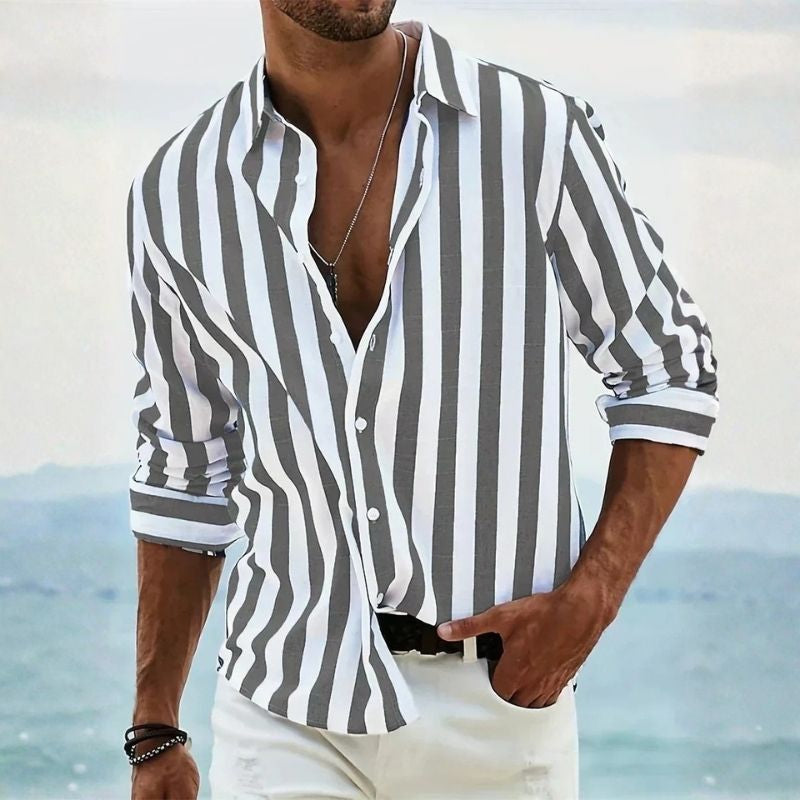 Mens Vertical Striped Button Down Shirt, Lightweight Breathable Summer Shirt, Regular Fit Casual Shirt