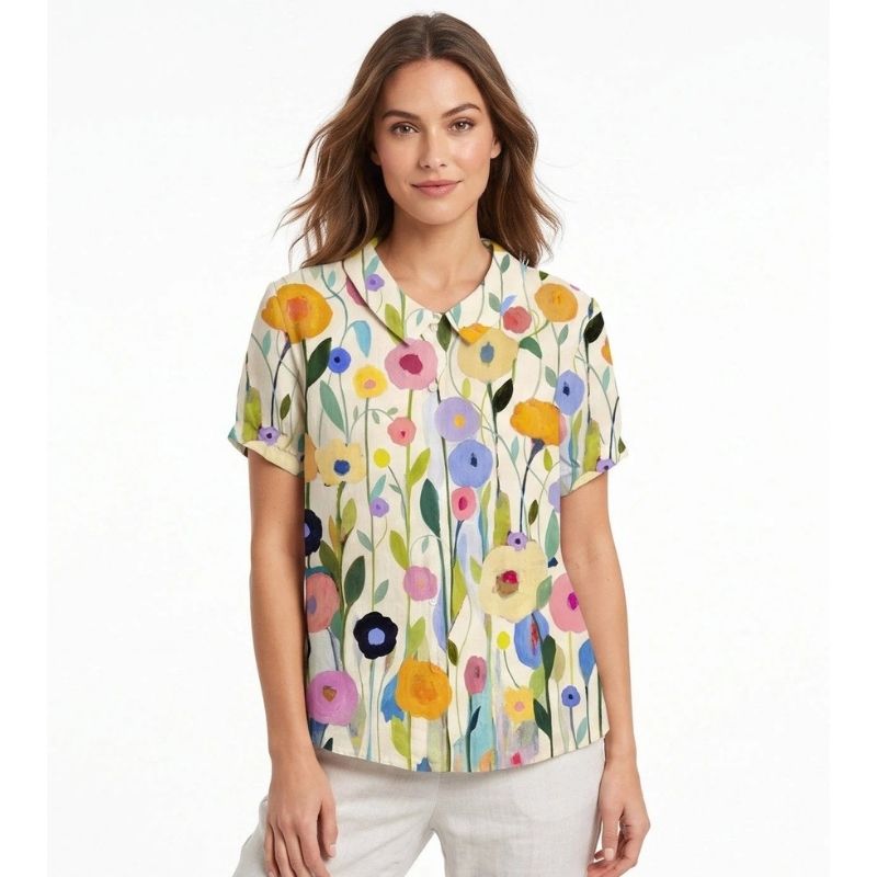 Womens Floral Print Linen Blouse, Vintage Peter Pan Collar Short Sleeve Shirt, Casual Lightweight Prairie Tops