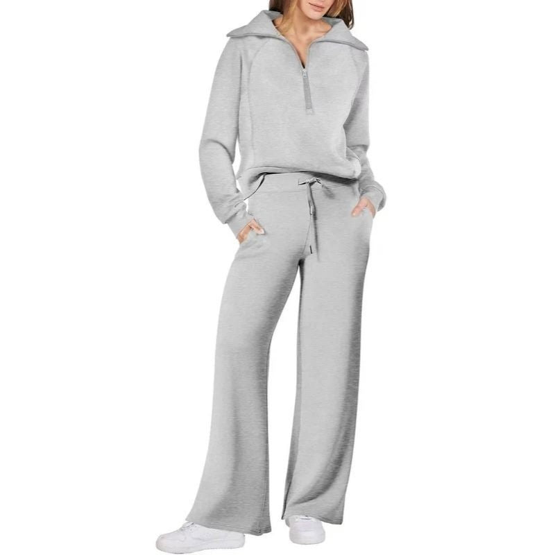 Womens 2 Piece Outfits, Casual Lapel Half Zip Sweatshirt and Wide Leg Pants Tracksuit Set