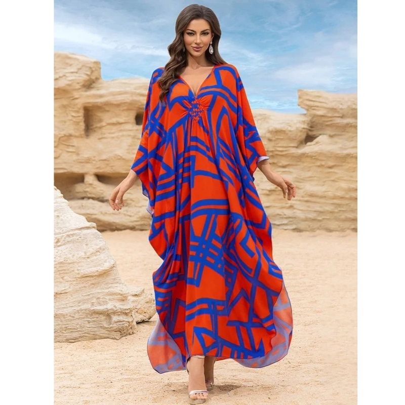 Moomoo Dresses for Women, Plus Size V Neck Batwing Sleeve Floral Kaftan Beach Cover Up Dress