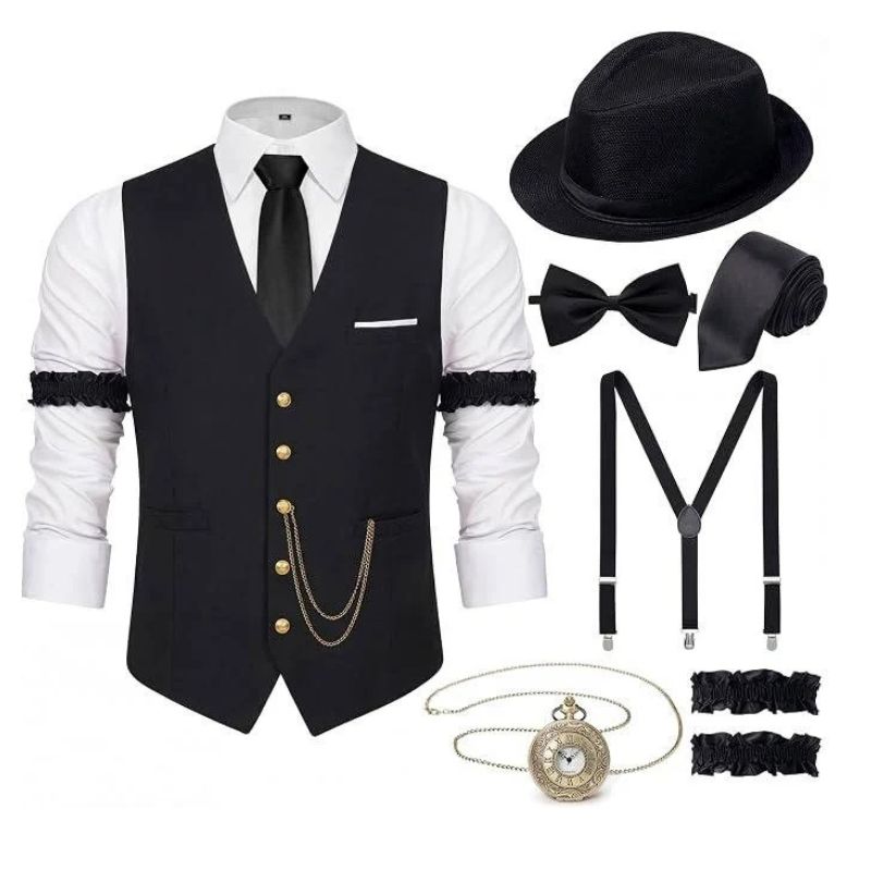 Mens 1920s Gatsby Costume, Roaring 20s Outfit, Vintage Vest and Hat Accessories