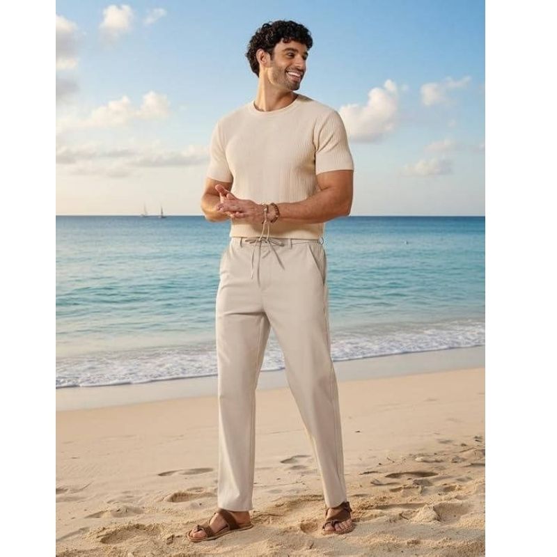 Mens Cotton Linen Pants, Relaxed Fit Drawstring Beach Summer Dress Trousers