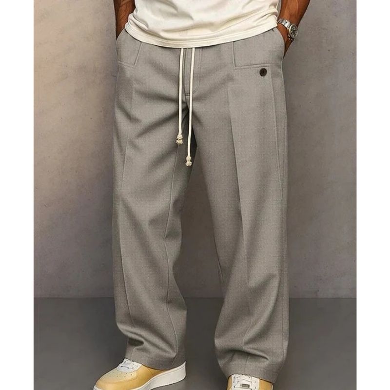 Mens Elegant Wide Leg Pants, Vintage Casual Straight Trousers, Loose Fit Drawstring Pleated Trousers with Pockets