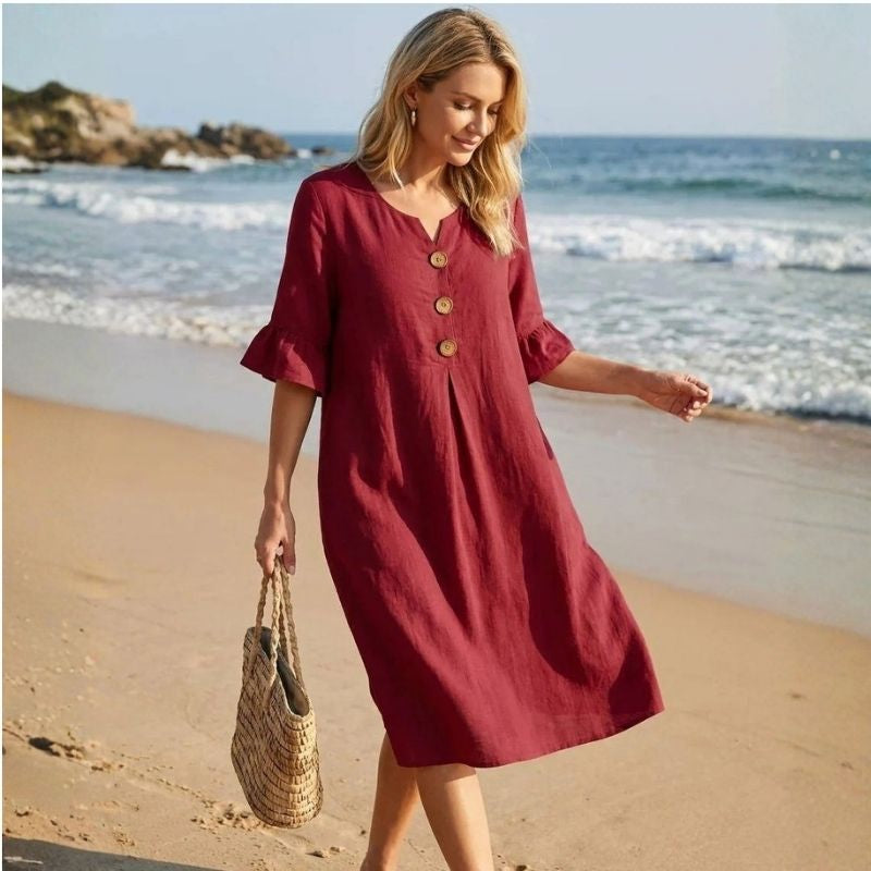 Womens Summer Dress, Ruffle Short Sleeve V Neck Midi Dress, Casual Lightweight Beach Sundress