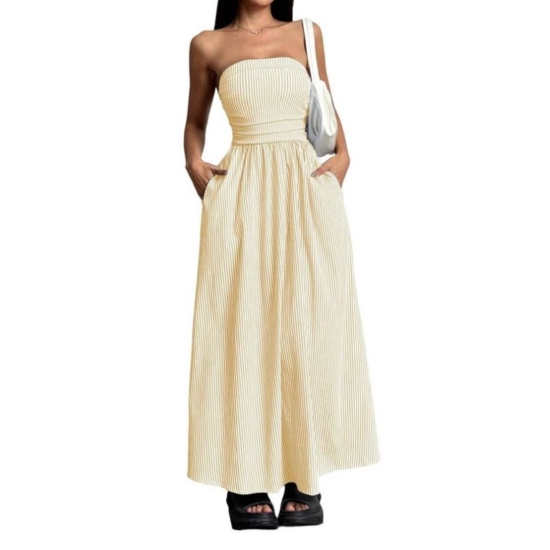 Womens Striped Strapless Maxi Dress, Casual Tube Top Summer Dress with Pockets