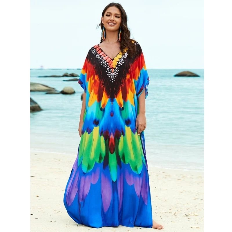 Moomoo Dresses for Women, Plus Size Loose Fit Moroccan Print V Neck Batwing Kaftan Beach Dress