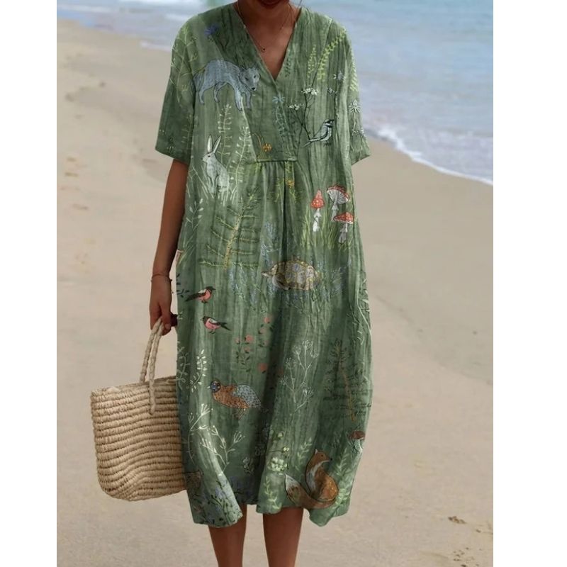 Womens Cotton Maxi Dress, Floral V Neck Short Sleeve Oversized Casual Midi Dress