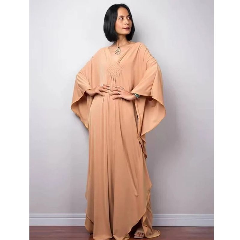 Moomoo Dresses for Women, Plus Size V Neck Long Batwing Sleeve Floral Beach Cover Up Dress